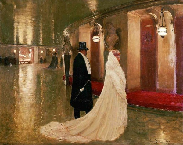 An elegant couple entering a box at the Paris Opera by Jean Beraud